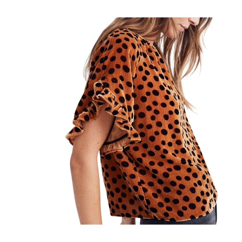 Madewell Velvet Memento Ruffle-Sleeve Top In Leopard Dot Size S